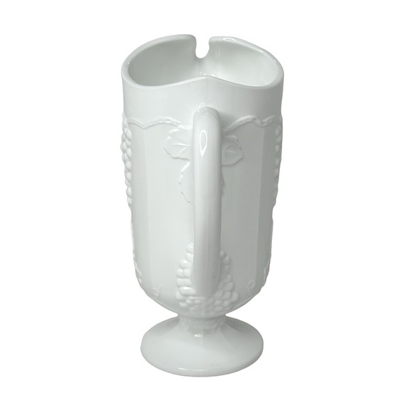 VINTAGE DRINK PITCHER Milk Glass Footed Handled Grape Leaf pattern White - Picture 5 of 7
